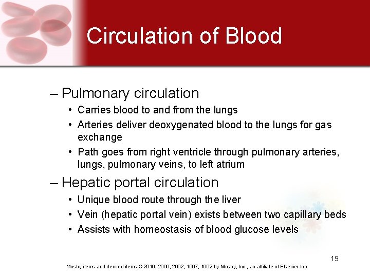 Circulation of Blood – Pulmonary circulation • Carries blood to and from the lungs