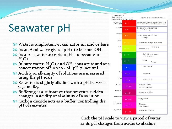 Seawater p. H Water is amphoteric-it can act as an acid or base As