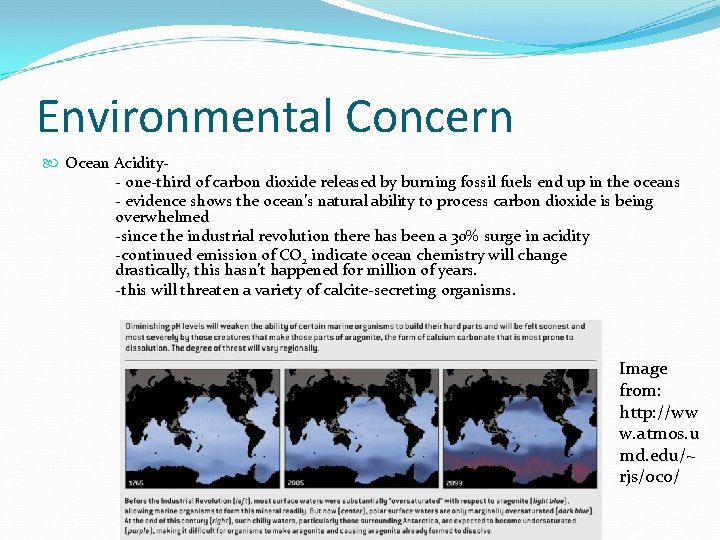 Environmental Concern Ocean Acidity- one-third of carbon dioxide released by burning fossil fuels end