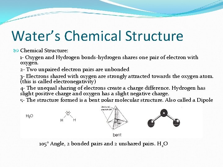 Water’s Chemical Structure: 1 - Oxygen and Hydrogen bonds-hydrogen shares one pair of electron