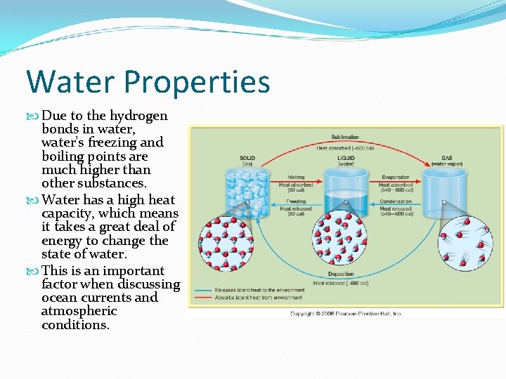 Water Properties Due to the hydrogen bonds in water, water’s freezing and boiling points