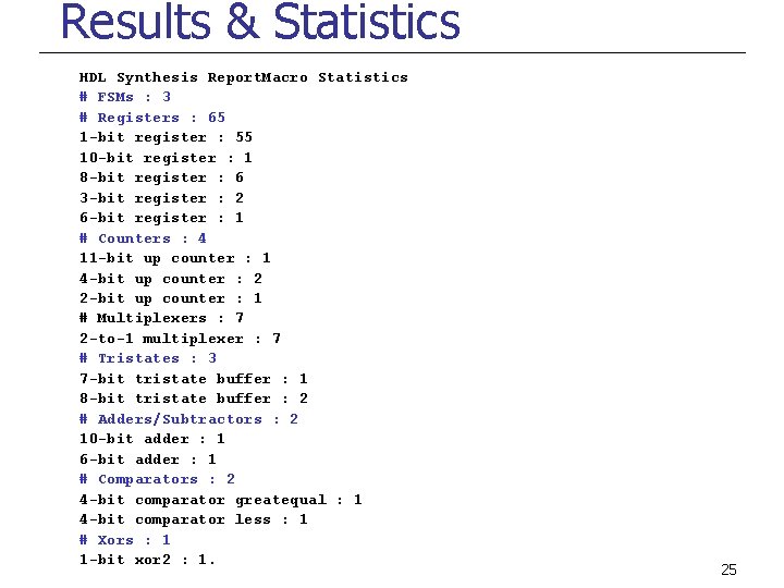 Results & Statistics HDL Synthesis Report. Macro Statistics # FSMs : 3 # Registers