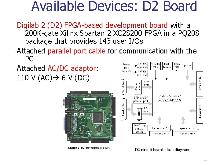 Available Devices: D 2 Board Digilab 2 (D 2) FPGA-based development board with a