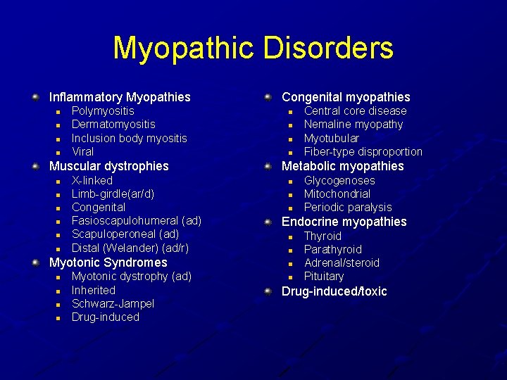 Myopathic Disorders Inflammatory Myopathies n n Polymyositis Dermatomyositis Inclusion body myositis Viral Muscular dystrophies Myopathic Disorders Inflammatory Myopathies n n Polymyositis Dermatomyositis Inclusion body myositis Viral Muscular dystrophies