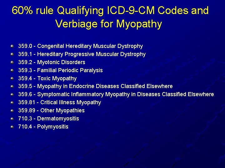 60% rule Qualifying ICD-9 -CM Codes and Verbiage for Myopathy 359. 0 - 60% rule Qualifying ICD-9 -CM Codes and Verbiage for Myopathy 359. 0 -