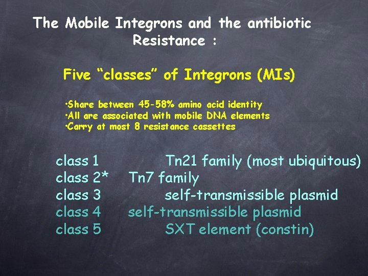 The Mobile Integrons and the antibiotic Resistance : Five “classes” of Integrons (MIs) •
