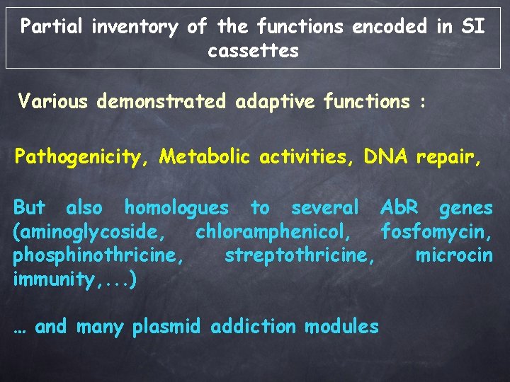 Partial inventory of the functions encoded in SI cassettes Various demonstrated adaptive functions :