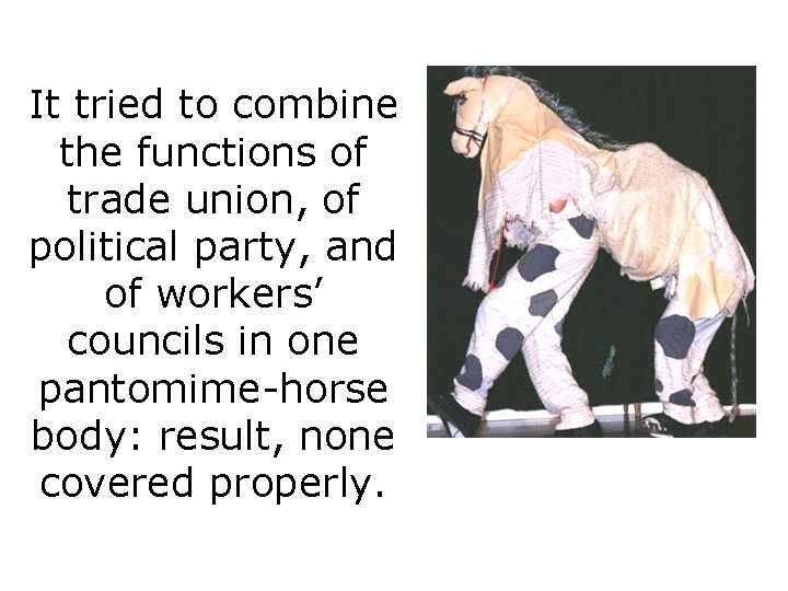 It tried to combine the functions of trade union, of political party, and of