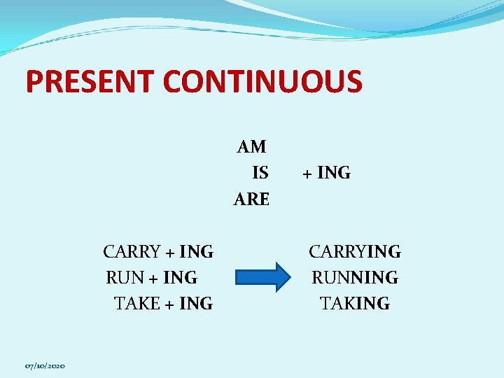 PRESENT CONTINUOUS AM IS ARE CARRY + ING RUN + ING TAKE + ING