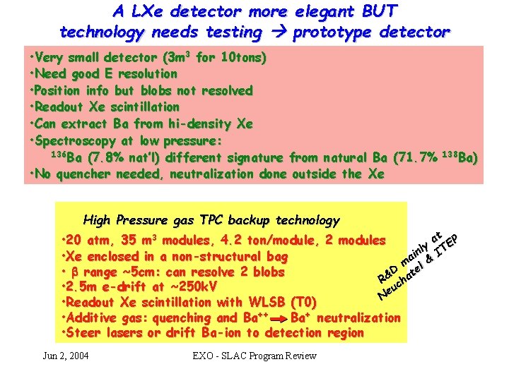 A LXe detector more elegant BUT technology needs testing prototype detector • Very small