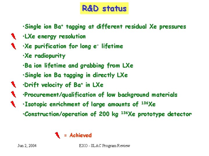 R&D status • Single ion Ba+ tagging at different residual Xe pressures • LXe