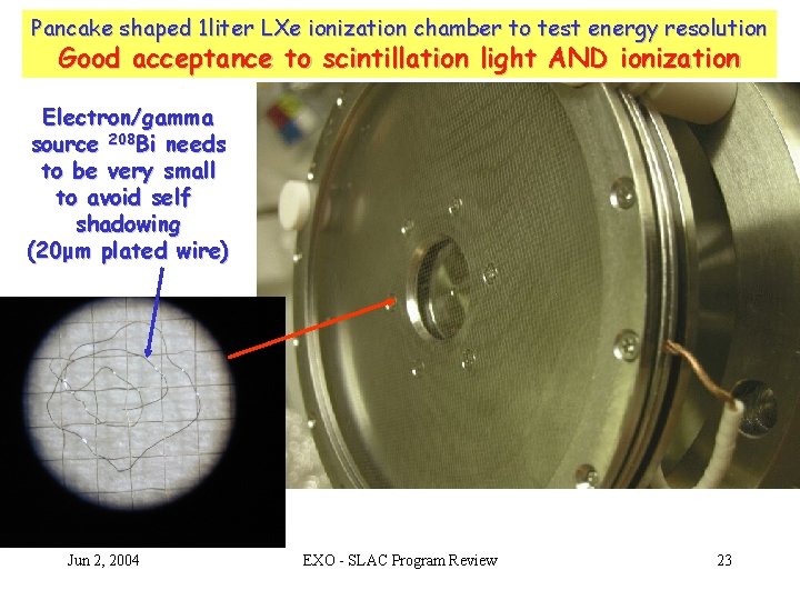 Pancake shaped 1 liter LXe ionization chamber to test energy resolution Good acceptance to