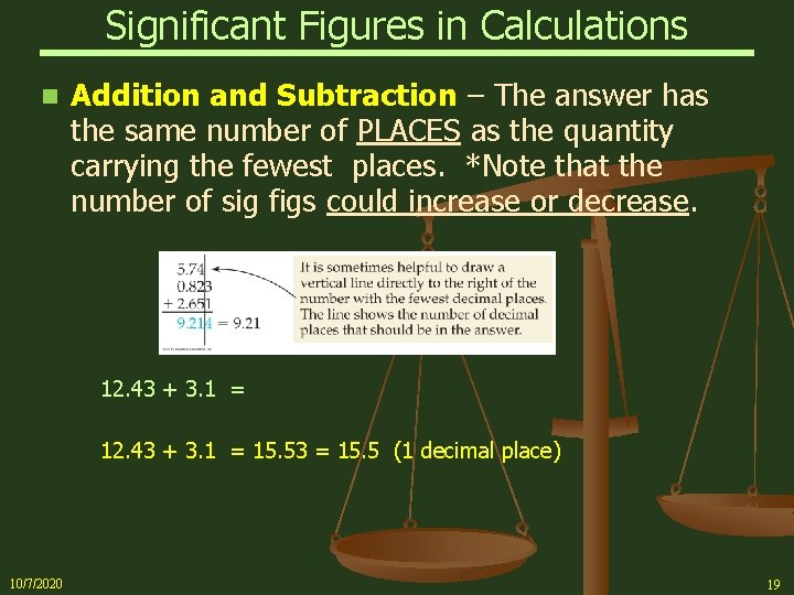 Significant Figures in Calculations n Addition and Subtraction – The answer has the same