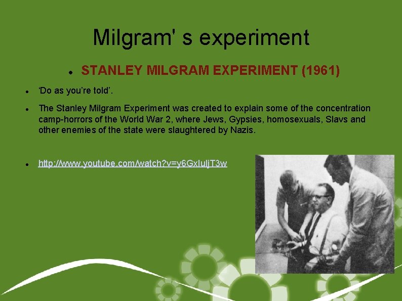 Milgram' s experiment STANLEY MILGRAM EXPERIMENT (1961) ‘Do as you’re told’. The Stanley Milgram