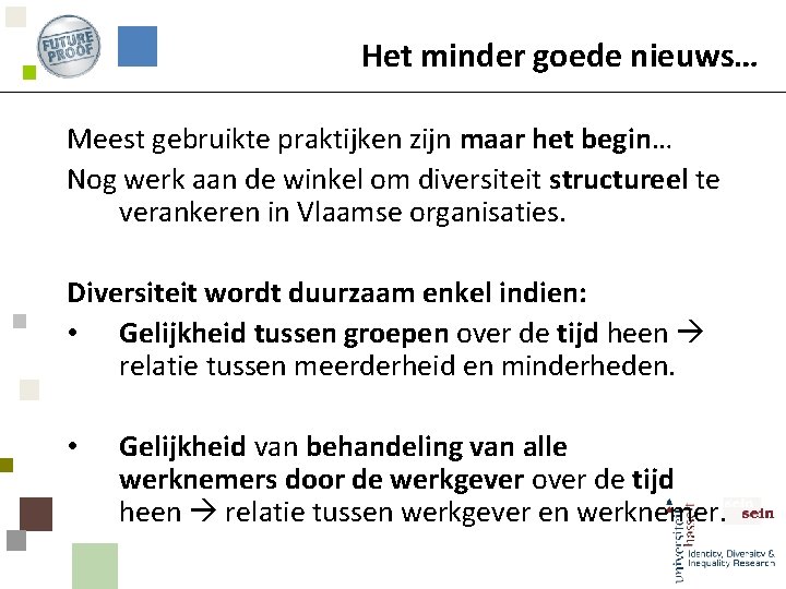 Het minder goede nieuws… Meest gebruikte praktijken zijn maar het begin… Nog werk aan
