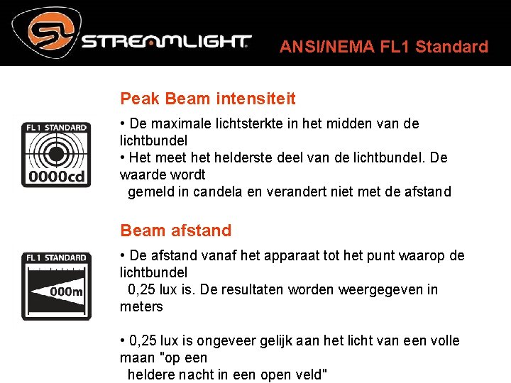 ANSI/NEMA FL 1 Standard Peak Beam intensiteit • De maximale lichtsterkte in het midden