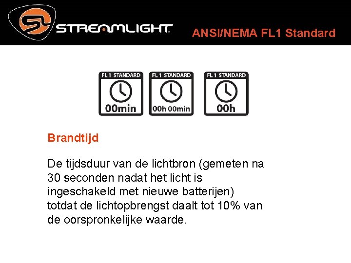 ANSI/NEMA FL 1 Standard Brandtijd De tijdsduur van de lichtbron (gemeten na 30 seconden