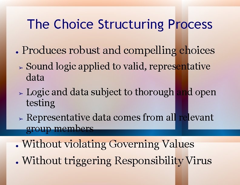 The Choice Structuring Process ● Produces robust and compelling choices ➢ ➢ ➢ Sound