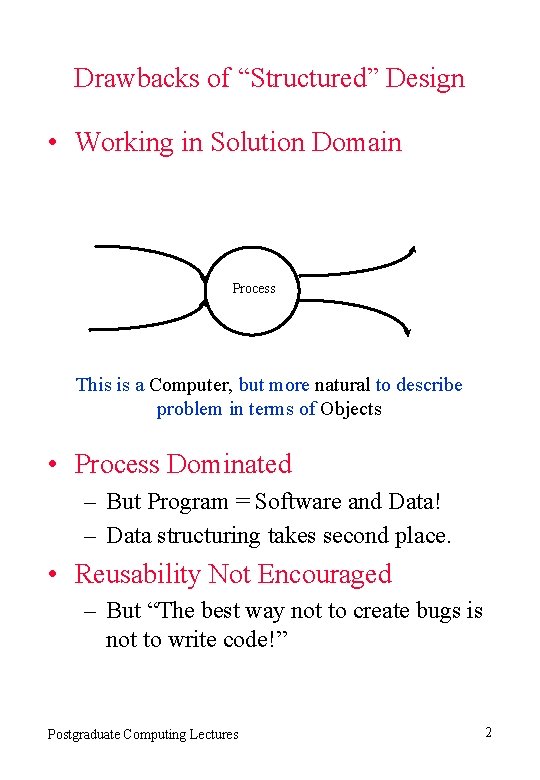 Drawbacks of “Structured” Design • Working in Solution Domain Process This is a Computer,