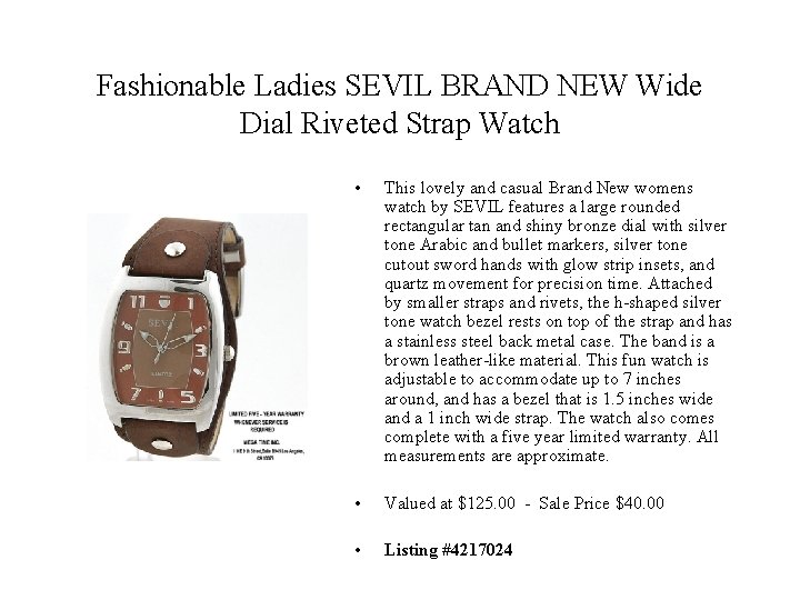 Fashionable Ladies SEVIL BRAND NEW Wide Dial Riveted Strap Watch • This lovely and