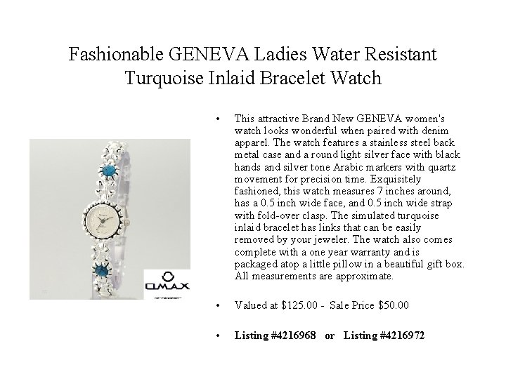 Fashionable GENEVA Ladies Water Resistant Turquoise Inlaid Bracelet Watch • This attractive Brand New