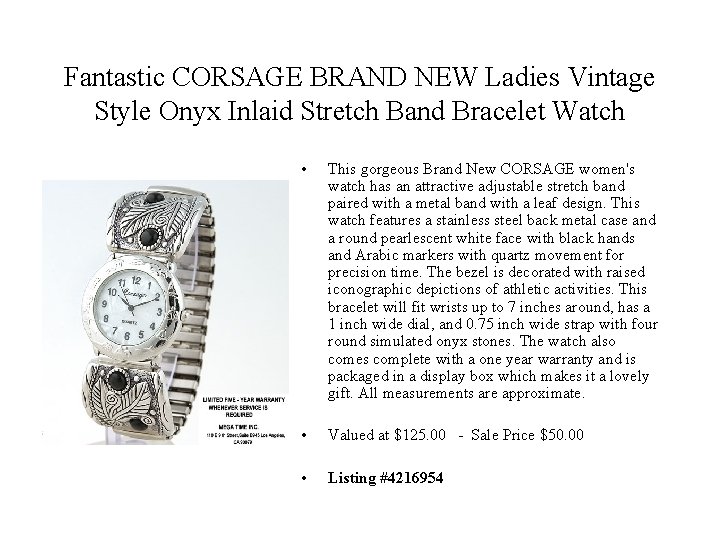 Fantastic CORSAGE BRAND NEW Ladies Vintage Style Onyx Inlaid Stretch Band Bracelet Watch •