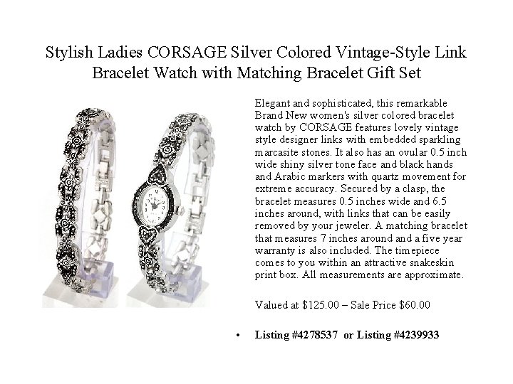 Stylish Ladies CORSAGE Silver Colored Vintage-Style Link Bracelet Watch with Matching Bracelet Gift Set