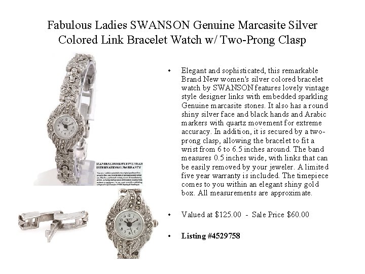 Fabulous Ladies SWANSON Genuine Marcasite Silver Colored Link Bracelet Watch w/ Two-Prong Clasp •