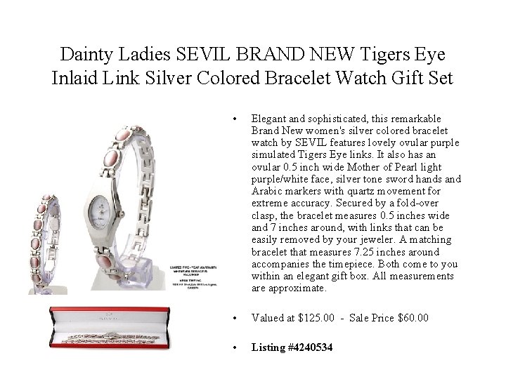 Dainty Ladies SEVIL BRAND NEW Tigers Eye Inlaid Link Silver Colored Bracelet Watch Gift