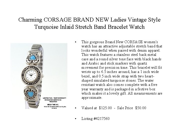 Charming CORSAGE BRAND NEW Ladies Vintage Style Turquoise Inlaid Stretch Band Bracelet Watch •
