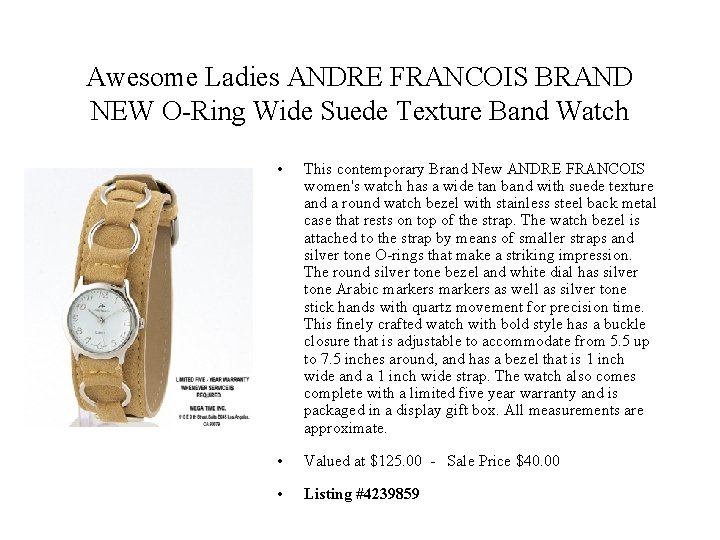 Awesome Ladies ANDRE FRANCOIS BRAND NEW O-Ring Wide Suede Texture Band Watch • This