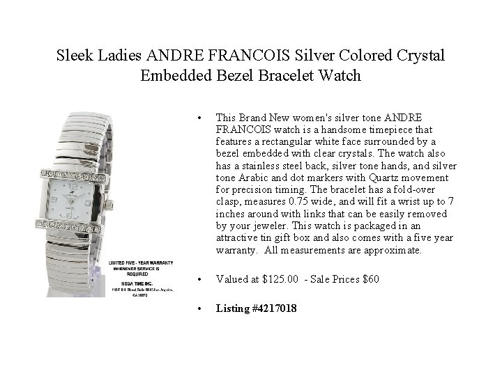 Sleek Ladies ANDRE FRANCOIS Silver Colored Crystal Embedded Bezel Bracelet Watch • This Brand