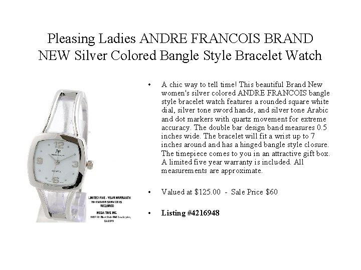 Pleasing Ladies ANDRE FRANCOIS BRAND NEW Silver Colored Bangle Style Bracelet Watch • A