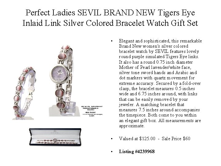 Perfect Ladies SEVIL BRAND NEW Tigers Eye Inlaid Link Silver Colored Bracelet Watch Gift