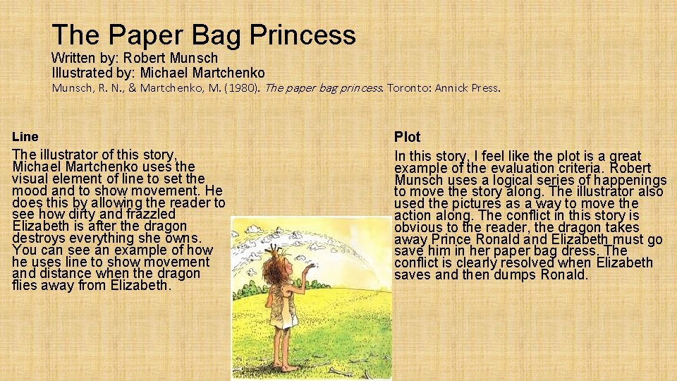 The Paper Bag Princess Written by: Robert Munsch Illustrated by: Michael Martchenko Munsch, R.