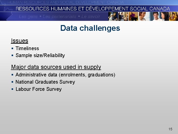 Data challenges Issues § Timeliness § Sample size/Reliability Major data sources used in supply