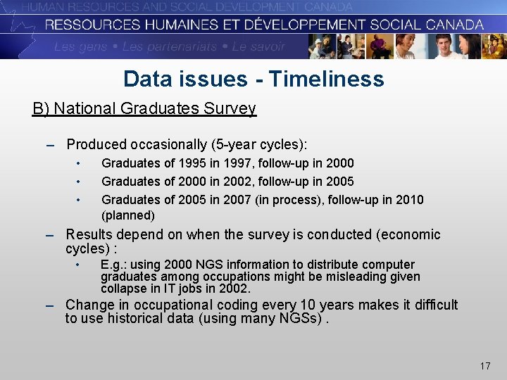 Data issues - Timeliness B) National Graduates Survey – Produced occasionally (5 -year cycles):