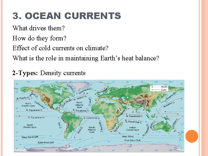 3. OCEAN CURRENTS What drives them? How do they form? Effect of cold currents