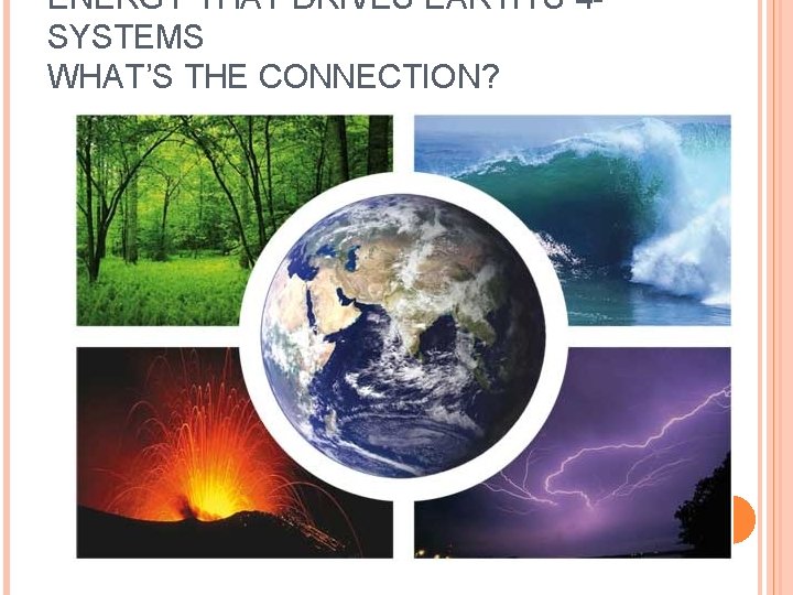 ENERGY THAT DRIVES EARTH’S 4 SYSTEMS WHAT’S THE CONNECTION? 