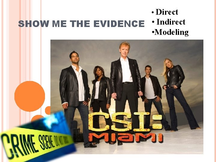  • Direct SHOW ME THE EVIDENCE • Indirect • Modeling 