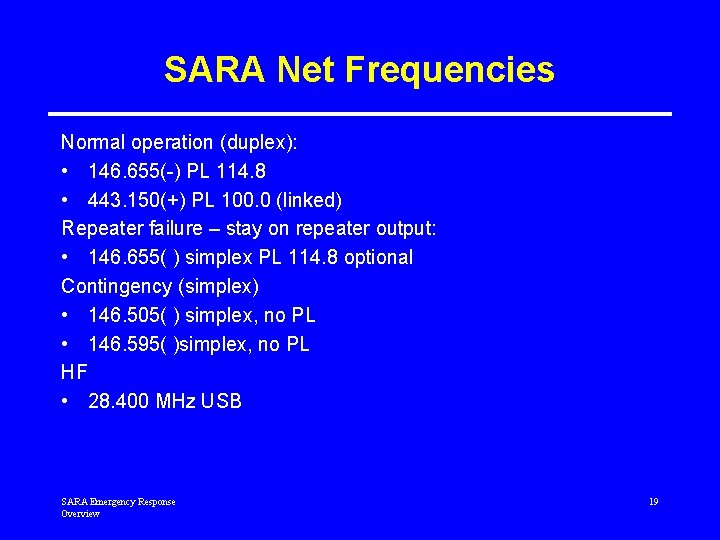 SARA Net Frequencies Normal operation (duplex): • 146. 655(-) PL 114. 8 • 443.