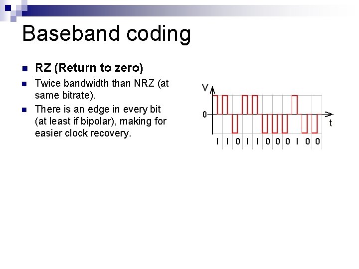 Baseband coding n RZ (Return to zero) n Twice bandwidth than NRZ (at same Baseband coding n RZ (Return to zero) n Twice bandwidth than NRZ (at same