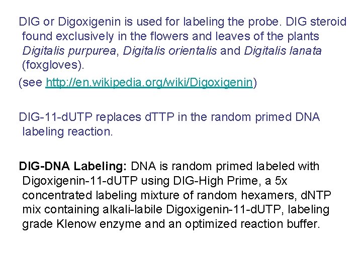 DIG or Digoxigenin is used for labeling the probe. DIG steroid found exclusively in