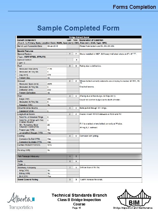 Forms Completion Sample Completed Form Technical Standards Branch Class B Bridge Inspection Course Page