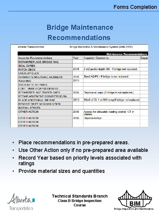 Forms Completion Bridge Maintenance Recommendations • Place recommendations in pre-prepared areas. • Use Other