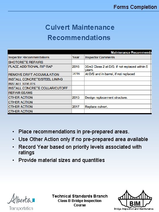 Forms Completion Culvert Maintenance Recommendations • Place recommendations in pre-prepared areas. • Use Other