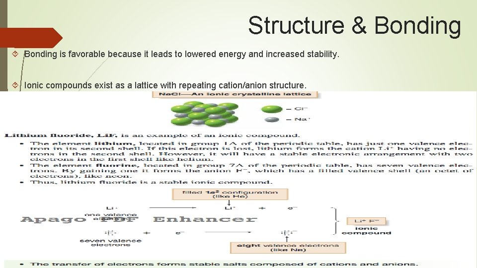 Structure & Bonding is favorable because it leads to lowered energy and increased stability.