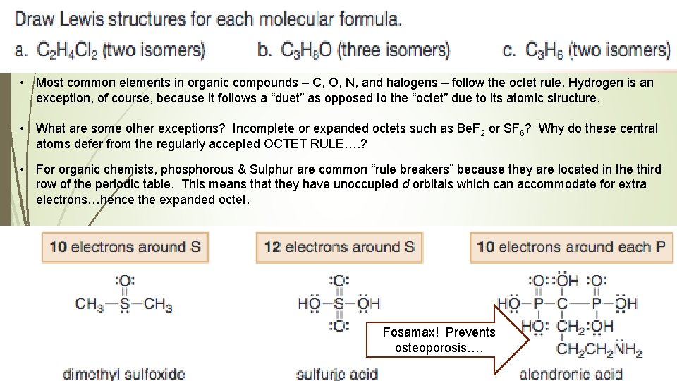  • Most common elements in organic compounds – C, O, N, and halogens