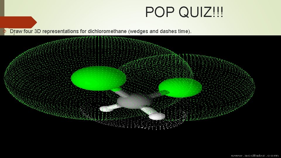 POP QUIZ!!! Draw four 3 D representations for dichloromethane (wedges and dashes time). 