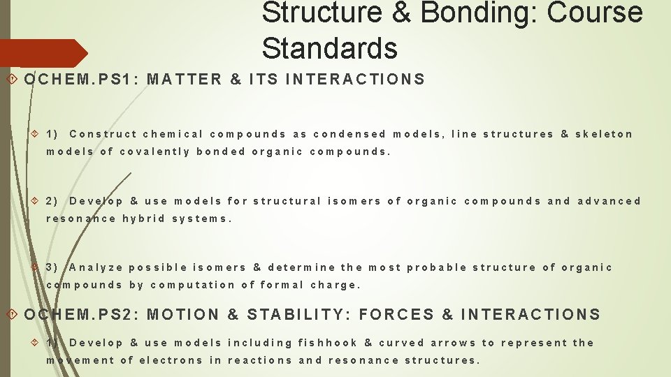 Structure & Bonding: Course Standards OCHEM. PS 1: MATTER & ITS INTERACTIONS 1) Construct